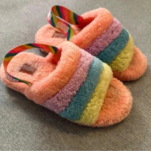 Ugg big kids fluff yeah slide pink multicolor size 5 - Picture 2 of 10